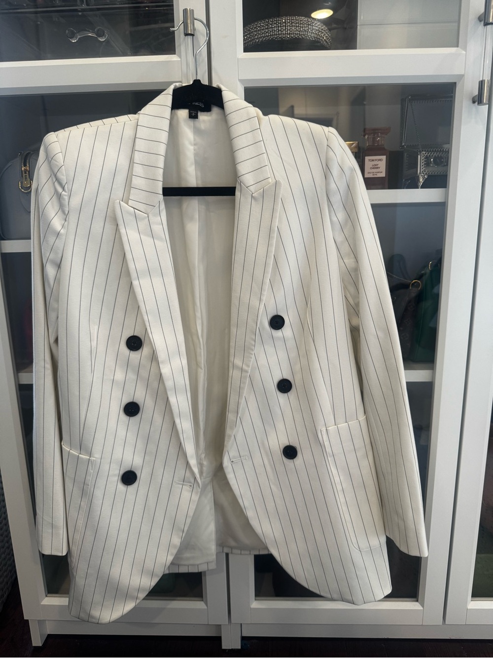 ESPRESS White Pinstripe Double-Breasted Blazer - Women
